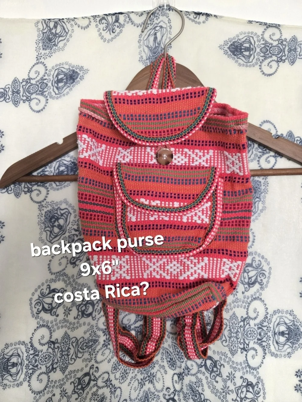 Guatemala Fundraiser Handwoven Coral & Red Striped Backpack Small Handbag Purse